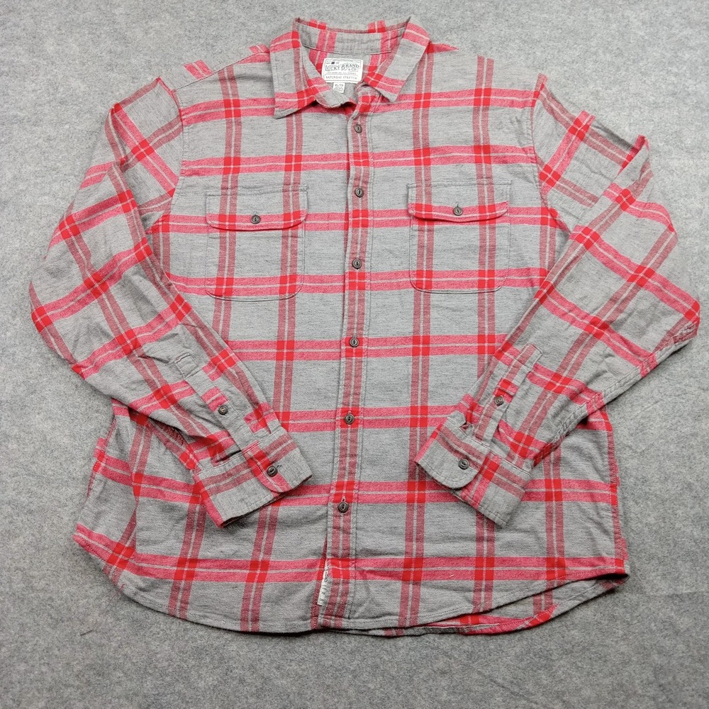 Lucky Brand Shirt Mens XL Gray Red Plaid Sleeve Button Down Saturday Stretch